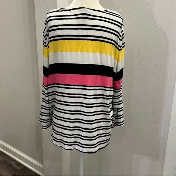 Ruby Rd Top Women’s Large L 3/4 Sleeve Striped Shirt White Pink Yellow - Picture 3 of 4
